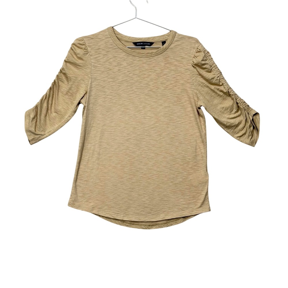 Veronica Beard Waldorf Tee Womens Small Shaki Pima Cotton Ruched Sleeve Top